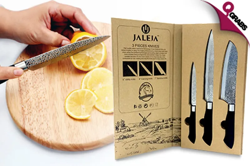 From QR69 Slice & Dice with a Set of Three Jaleja Knives with Embossed Blades! (Up to QR220 Value)